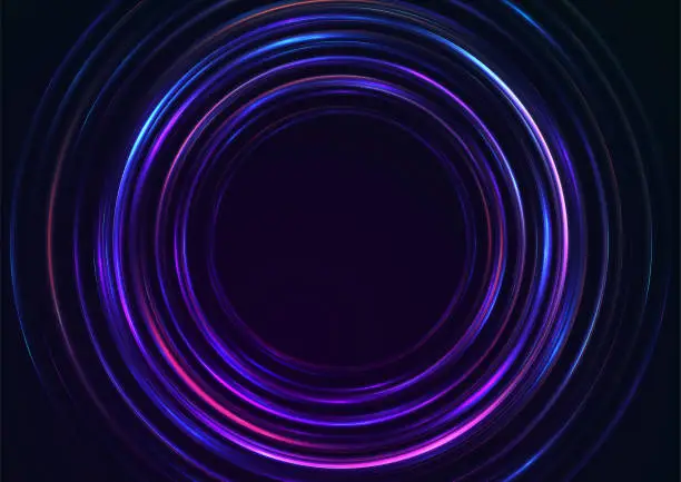 Vector illustration of Blue violet neon laser rings abstract background
