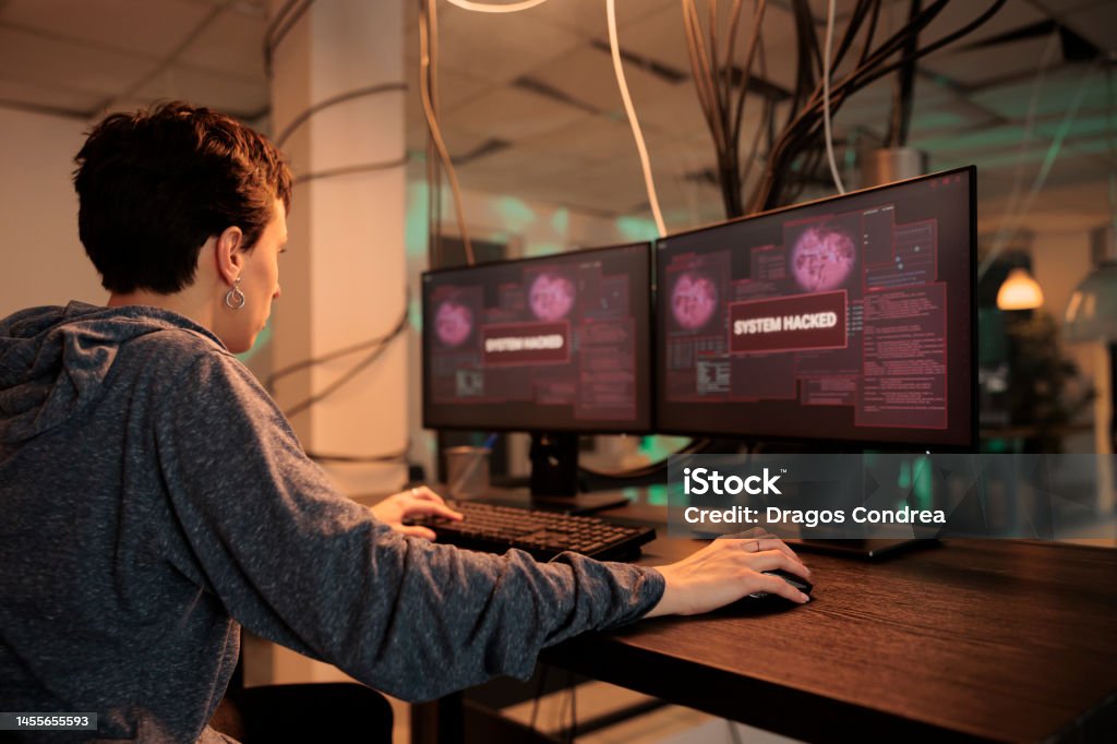 Female Spy Hacking Computer System With Trojan Virus Stock Photo ...