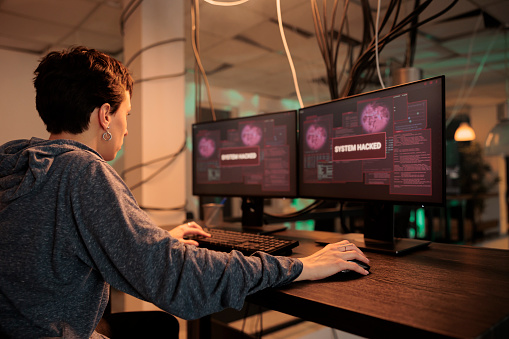 Spry Computer Female Spy Hacking Computer System With Trojan Virus Stock Photo ...