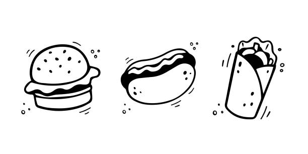 ilustrações de stock, clip art, desenhos animados e ícones de hand drawn fast food icons. sketch of snack elements. fast food collection. fast food illustration in doodle style. - sandwich sketch cartoon line art