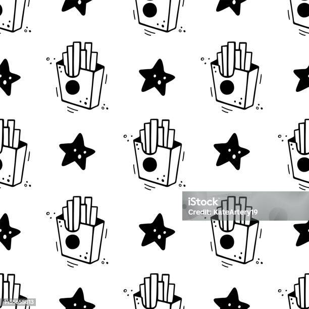 Fries Box Pattern Hand Drawn French Fries Box Seamless Pattern Comic Doodle Sketch Style ...