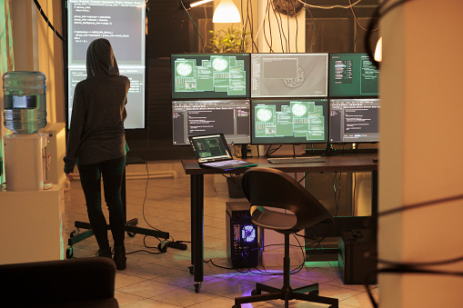 Software Hacker Setup Young Hacker Analyzing Script To Crack Security System And Access ...