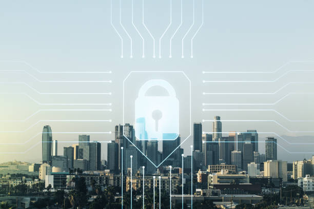 istock Virtual creative lock symbol and microcircuit illustration on Los Angeles skyline background. Protection and firewall concept. Multiexposure 1455657864
