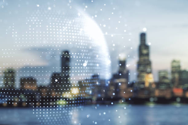 istock Multi exposure of abstract graphic world map on blurry skyscrapers background, big data and networking concept 1455657869