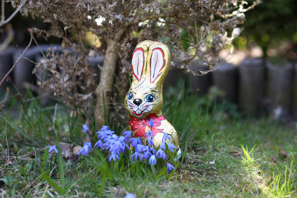 istock Easter egg hunt. Colorful Easter eggs and the Easter bunny are hidden in the garden and flower beds among the flowers, trees and gravel paths. Holiday traditions. Easter card, banner. Selective focus 1455658112