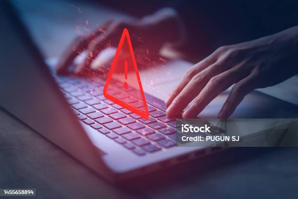 System Hacked Warning Alert On Notebook Cyber Attack On Computer Network Virus Spyware Malware Or Malicious Software Cyber Security And Cybercrime Compromised Information Internet Stock Photo - Download Image Now