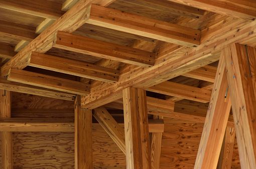 Low angle view of a wooden roof structure with beams.