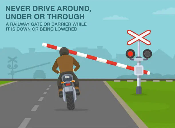 Vector illustration of Never drive around, under or through a railway barrier. Back view of a biker tries to slip through closing gate.