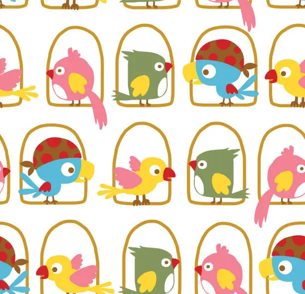 Vector illustration of Seamless pattern vector of colorful funny birds cartoon perch on birds swing