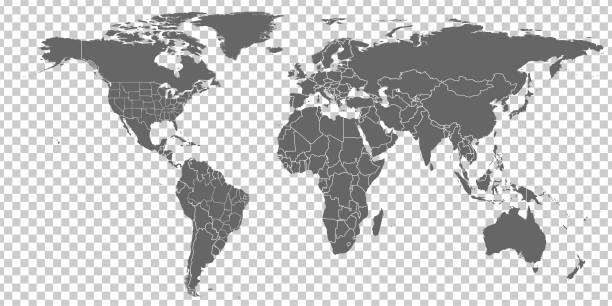 wektor mapy świata. szara podobna mapa świata pusty wektor na przezroczystym tle.  szara podobna mapa świata z granicami wszystkich krajów i mapy stanów usa oraz mapa stanów brazylii. wysokiej jakości mapa świata. eps10. - atlas stock illustrations