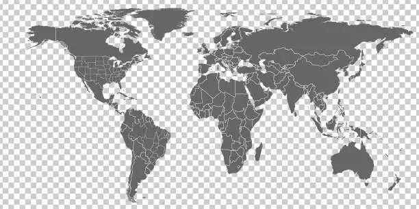 Vector illustration of World Map vector. Gray similar world map blank vector on transparent background.  Gray similar world map with borders of all countries and States of USA map, and States of Brazil map. High quality world  map. EPS10.