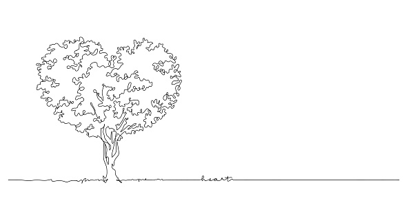 concept of love and valentine's day, big tree with heart shape continuous line drawing vector illustration