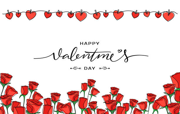valentine's day background and decorated ornaments vector happy valentine's day background with heart hanging and roses decorated ornament vector illustration be my valentine stock illustrations