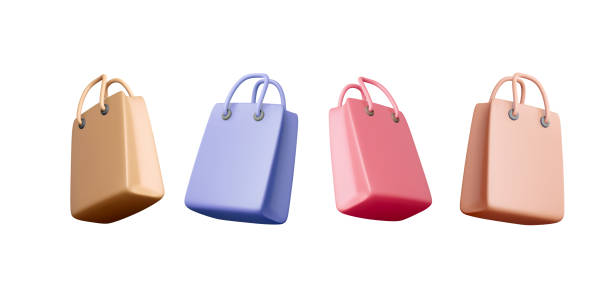 3d 다채로운 쇼핑백. 브라운, 블루, 핑크, 레드 선물 가방 세트 - bag shopping blue paper stock illustrations