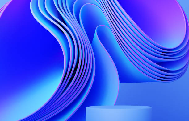 istock Neon, blue and pink podium background with abstract wavy cloth, folded fabric 1455667825