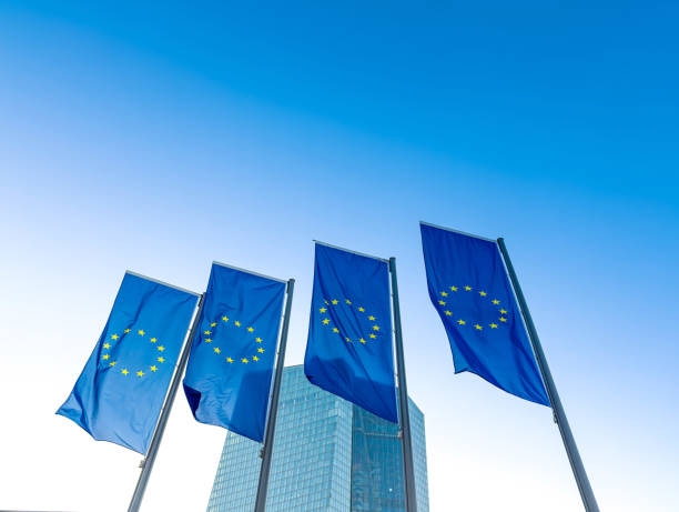 프랑크푸르트, 독일의 유럽 국기. - europe european union currency euro symbol european union flag 뉴스 사진 이미지