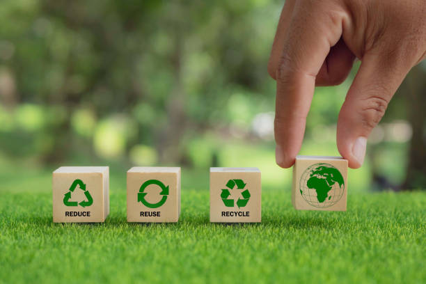 hand arranged wooden cube block over reduce, reuse and recycle text for save world, environmental concept
