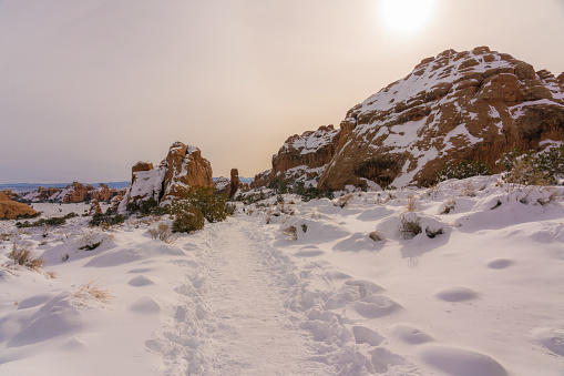 Beautiful Arches National Park in Utah during winter