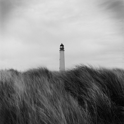 A grayscale of a lighthouse in a field