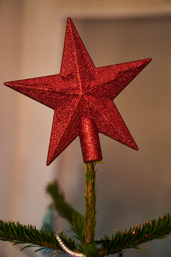 A closeup of a red star on a christmas tree