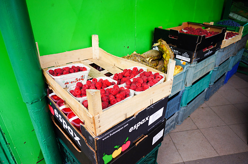 Sianozety, Poland – September 02, 2015: Fresh raspberries for sale at a market