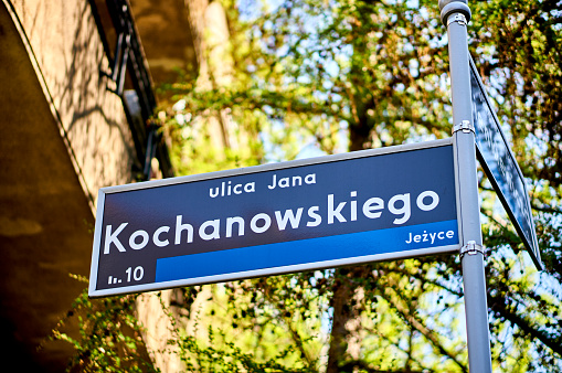 Poznan, Poland – April 19, 2018: A Street sign with the name Kochanowskiego in the city center IN Poznan, Poland