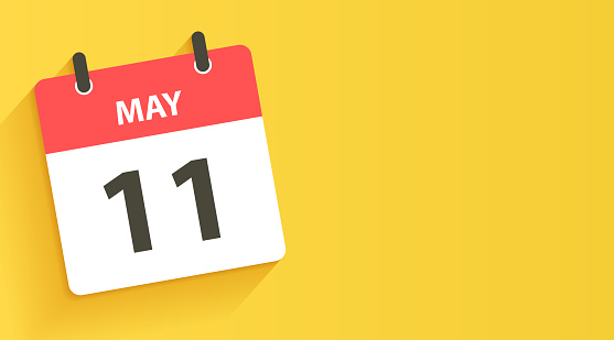 May 11. Calendar Icon with long shadow in a Flat Design style. Daily calendar isolated on a wide yellow background. Horizontal composition with copy space. Vector Illustration (EPS file, well layered and grouped). Easy to edit, manipulate, resize or colorize. Vector and Jpeg file of different sizes.