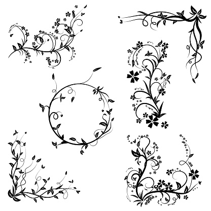 Set of six vintage floral ornaments. Hand drawn decorative element, vector illustration of floral element isolated on white background, design for page decoration cards, wedding, banner, frames