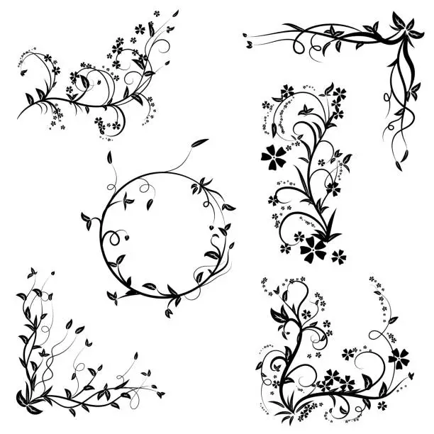 Vector illustration of Set of six vintage floral ornaments.