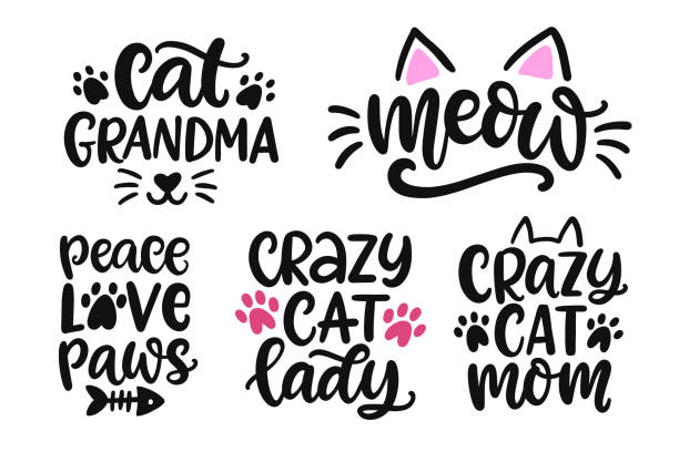 Funny Cat Mom phrases set Funny Cat Mom phrases set. Hand Lettering Quotes sayings collection for T Shirt Design, Label stickers. Pet Moms life, Modern brush calligraphy. Inspiration graphic design typography element. irony stock illustrations