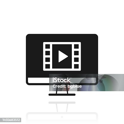 istock Watch video on desktop computer. Icon with reflection on white background 1455683512