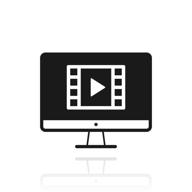 Watch video on desktop computer. Icon with reflection on white background Icon of "Watch video on desktop computer" with its reflection and isolated on a blank background. Vector Illustration (EPS file, well layered and grouped). Easy to edit, manipulate, resize or colorize. Vector and Jpeg file of different sizes. watching tv icon stock illustrations