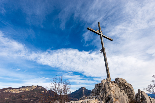 Cross is on the rock of the Mount Tserkovka. Belokurikha, Altai Krai, Russia
