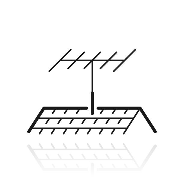 телевизионная антенна на крыше. иконка с отражением на белом фоне - satellite dish television aerial television house stock illustrations