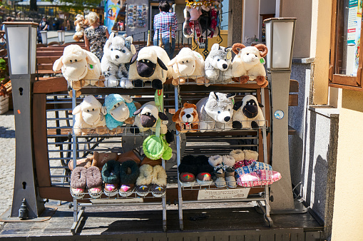 Poznan, Poland – May 07, 2018: A closeup of a variation of plush animals for sale at a store