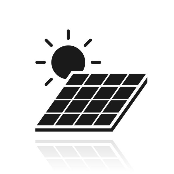 ilustraciones, imágenes clip art, dibujos animados e iconos de stock de panel solar con sol. icono con reflejo sobre fondo blanco - central eléctrica solar