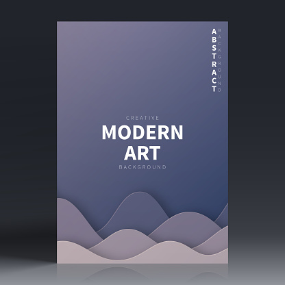 Vertical brochure template with modern and trendy background, isolated on blank background. Fluid abstract illustration with wave shapes and beautiful color gradient in a paper cut style (colors used: Beige, Gray, Purple, Blue, Black). Can be used for different designs, such as brochure, cover design, magazine, business annual report, flyer, leaflet, presentations... Template for your own design, with space for your text. The layers are named to facilitate your customization. Vector Illustration (EPS file, well layered and grouped). Easy to edit, manipulate, resize or colorize. Vector and Jpeg file of different sizes.