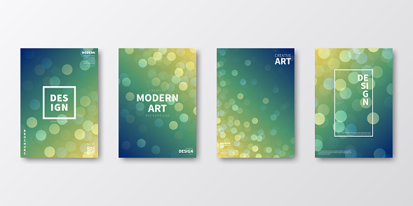 Set of four vertical brochure templates with modern and trendy backgrounds, isolated on blank background. Abstract illustrations with defocused lights and a bokeh effect. Beautiful color gradient (colors used: Yellow, Green, Blue). Can be used for different designs, such as brochure, cover design, magazine, business annual report, flyer, leaflet, presentations... Template for your own design, with space for your text. The layers are named to facilitate your customization. Vector Illustration (EPS file, well layered and grouped). Easy to edit, manipulate, resize or colorize. Vector and Jpeg file of different sizes.