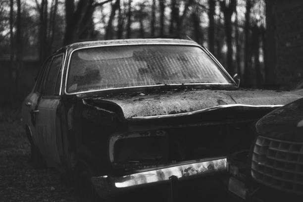 istock Grayscale shot of an old abandoned car 1455687819