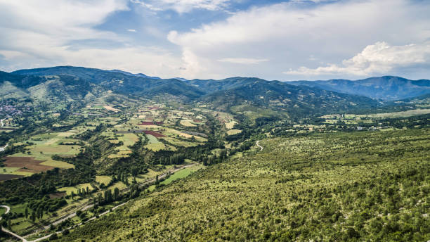 istock Landscape with green fields, trees and mountains in Greece with a light cloudy sky in the background 1455689430