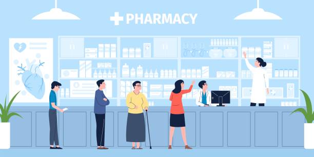 Pharmacy store, retail in clinic. Drugstore customer waiting line, medical seller or pharmacist. Woman buy medications, tablets, recent vector scene Pharmacy store, retail in clinic. Drugstore customer waiting line, medical seller or pharmacist. Woman buy medications, tablets, recent vector scene of drugstore retail illustration pharmacist cartoon stock illustrations
