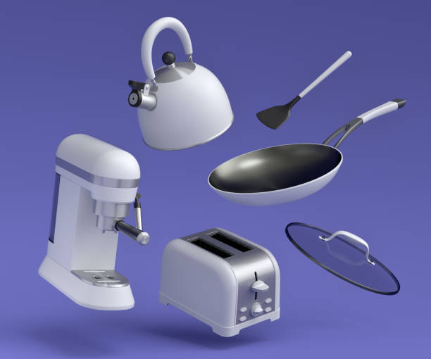 Espresso coffee machine, hand mixer, kettle and toaster for preparing breakfast on violet background. 3d render of coffee pot for making latte coffee