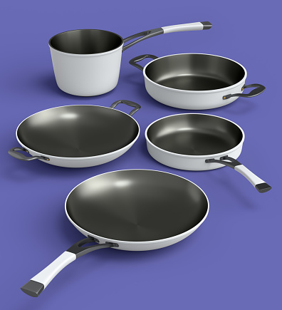 Set of stainless steel stewpot, frying pan and chrome plated aluminum cookware on violet background. 3d render of non-stick kitchen utensils