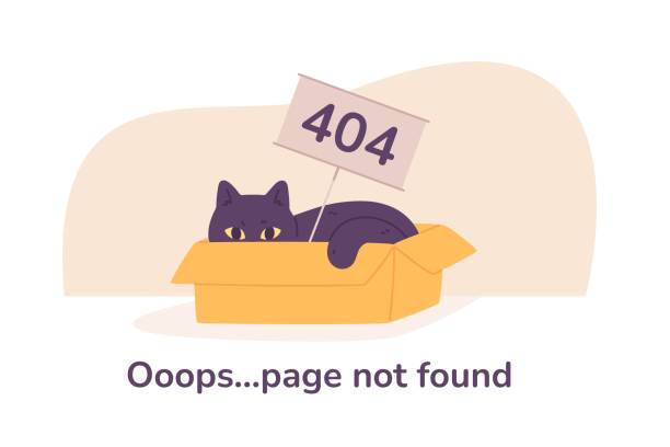 Cat error page. Asleep kitten in box with 404 sign, empty pages not found, computer internet trouble oops lost fail website, cartoon chubby kitty on white space vector illustration Cat error page. Asleep kitten in box with 404 sign, empty pages not found, computer internet trouble lost fail website, cartoon chubby kitty on white space vector illustration of page internet problem lost in space stock illustrations