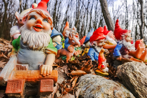 colorful garden gnomes with wood and saw at a place in the forest during hiking