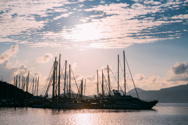 Beautiful still ocean water and a collection of docked boats, sailboats and catamarans. Sunset and key west harbor