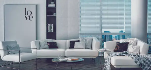 Luxurious living room inside the condo with modern interior design, white leather sofa, coffee table, bookshelf, picture frame, lamp, behind the city view.3d render and illustration.