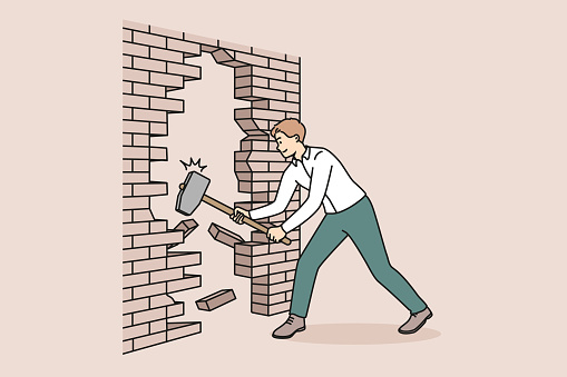 Young businessman with hammer crashing wall strive for business achievement or accomplishment. Determined male employee break brick wall. Vector illustration.