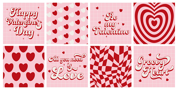 Happy Valentine`s day. Set groovy lovely cards, posters, backrounds, paterns. Trendy love slogan. Love concept. Trendy retro 60s 70s cartoon style. Pink, red, white colors.