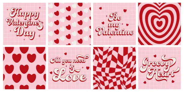 Vector illustration of Happy Valentine`s day. Set groovy lovely cards, posters, backrounds, paterns. Trendy love slogan. Love concept. Trendy retro 60s 70s cartoon style. Pink, red, white colors.